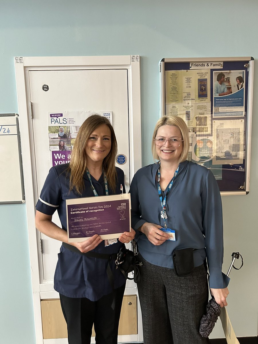 Brilliant to witness @DebbieYoxall1 awarding @WeareGuildLodge Nurses Day #Kindness award to Stacey Rawcliffe who was nominated by her colleagues for her kindness to all on Marshaw. #Recognition #Nursing