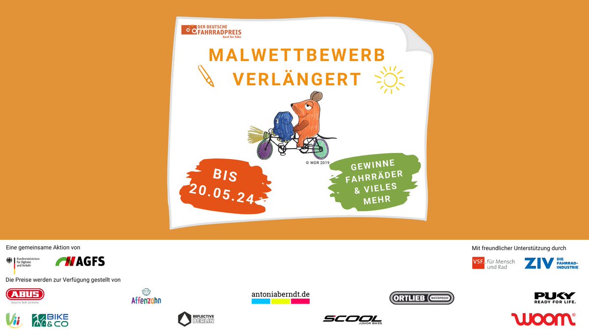 🚨Achtung! Unser #Malwettbewerb wird nochmal verlängert🖌️ Bis zum 20.05. haben kleine Künstler*innen die Chance Bilder einzureichen und coole #Preise zu gewinnen! Schnappt euch Stifte &amp; Papier und macht jetzt mit!  der-deutsche-fahrradpreis.de/Malwettbewerb/ #Verlosung #Fahrradpreis