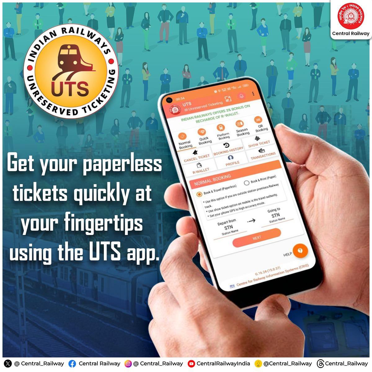 Experience simplified travel! Effortlessly buy unreserved tickets via the UTS app, access paperless tickets on your phone, and conveniently pay using UPI apps or your R-Wallet. 
#UTSApp #PaperlessJourney #CentralRailway