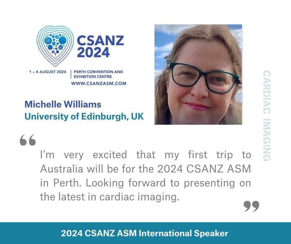 We are looking forward to welcoming 👏@imagingmedsci to the #CSANZ2024 in Perth, WA from 1 - 4 August 2024👏 Read more about Michelle Williams presenting for the #Cardiac #imaging stream 👉csanzasm.com/speakers/miche… Early bird closes 3 June 2024 Register now #CVRad