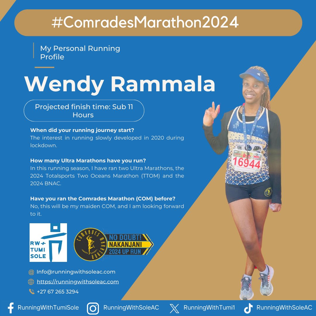 Runner profile 6/28✨

Introducing @WendyRammala, her interest in running slowly developed in 2020 during lockdown. She will be representing the club and @budgetins at the 2024 Comrades Marathon @comradesmarathon. 

Go and conquer the Ultimate Human Race member, we will be…