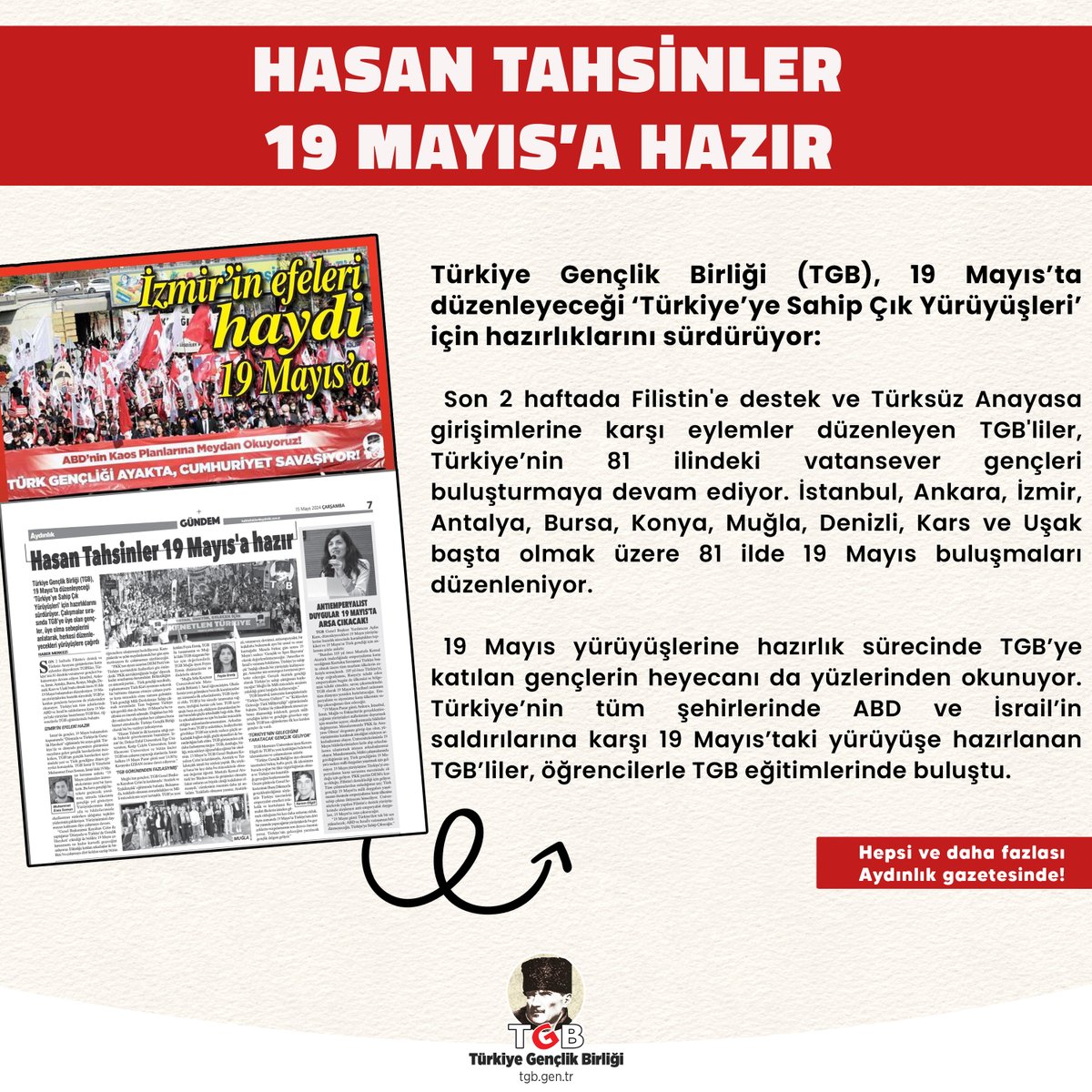 📌 Hasan Tahsinler 19 Mayıs'a Hazır ➡️ ‘TÜRKİYE’NİN GELECEĞİNİ YARATACAK GENÇLİK GELİYOR’ ➡️ ANTİEMPERYALİST DUYGULAR 19 MAYIS’TA ARŞA ÇIKACAK! Hepsi ve daha fazlası Aydınlık gazetesinde! 🗞️@AydinlikGazete aydinlik.com.tr/haber/izmirin-…