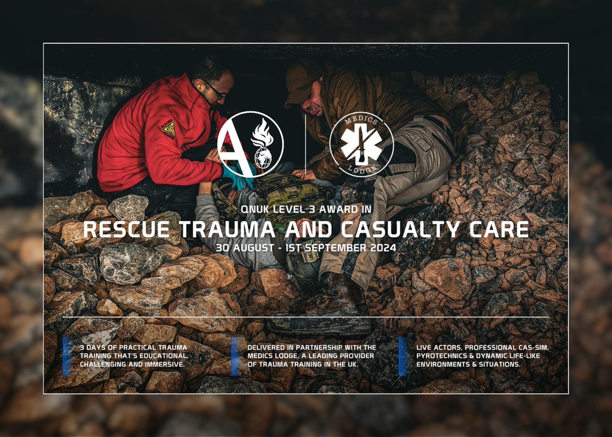 🚨 Join Us for the Q.N.U.K. Level 3 Award in Rescue Trauma and Casualty Care (R.T.A.C.C.) 🚨 30 Aug-1 SeptSecure your place by contacting training@explosives.net or training@medicslodge.com
#TraumaCare #EmergencyResponse #MedicalTraining #HighRiskTraining  #RTACC