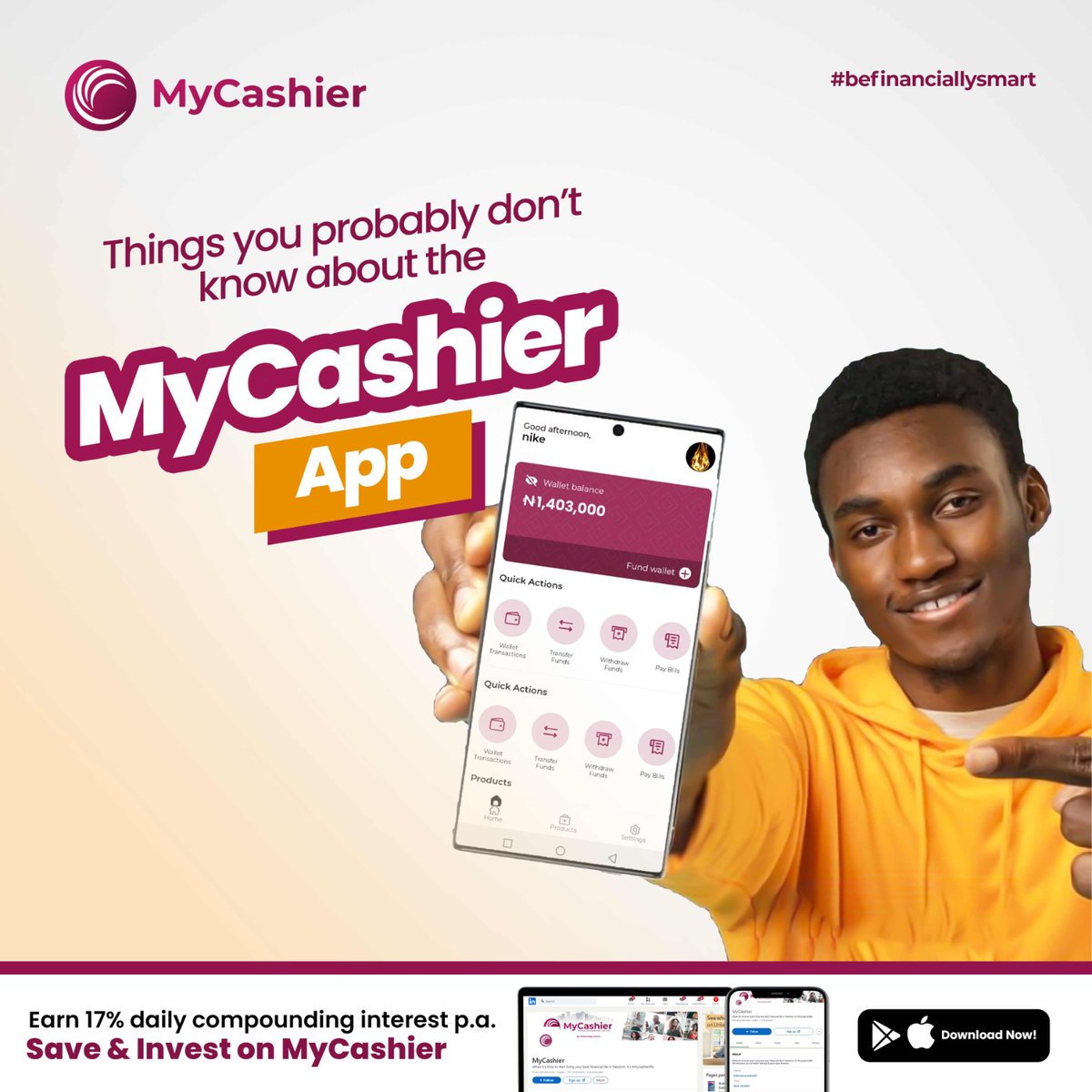 mycashierlife's tweet photo. Grow your money, simplify your life with MyCashier!
Save, invest, and pay bills - all in one app.

Earn compound interest, send money seamlessly, and pay bills at a discount.

Download MyCashier today and unlock your financial goals! (Link in bio)

#mycashierlife #SavingsGoals https://t.co/orP1F1ck1L