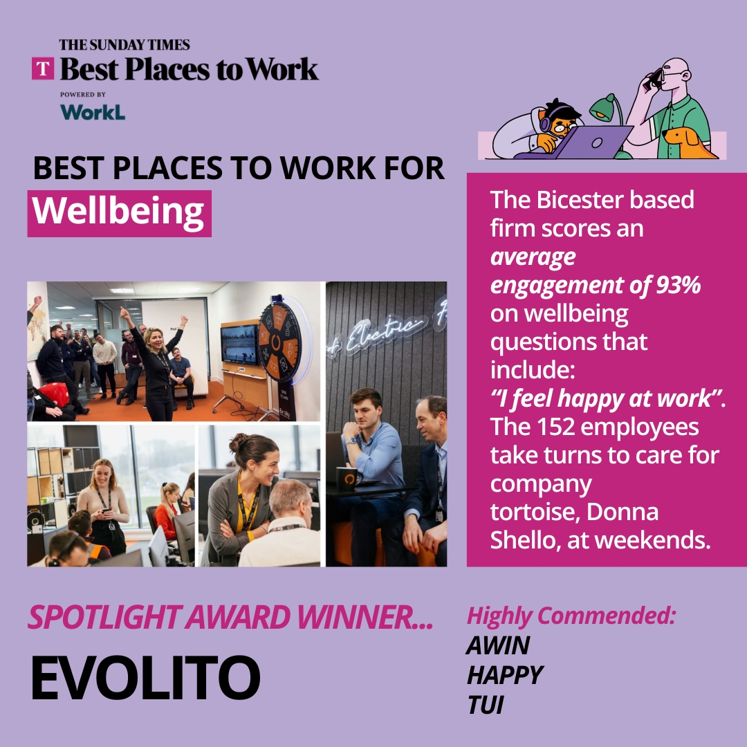 Who came out on top as The Sunday Times UK (@TheTimes) Best Places to Work for Wellbeing?

🥁 🥁 🥁 

🏆 Massive congratulations to @Evolito_ltd!
 
👏 Highly commended in the category: @UK_Awin, @HappyLTD and @TUIGroup!

#BestPlacesToWorkUK #STBPTW