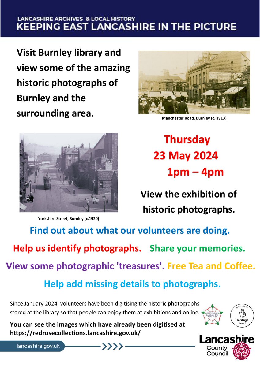 Keeping East Lancashire in the Picture 'Drop In' Session - Burnley Library - Thursday 23rd May 2024

View some of the amazing historic photos of #Burnley and the surrounding area.

@LancashireCC #EastLancashire #History #LocalHistory