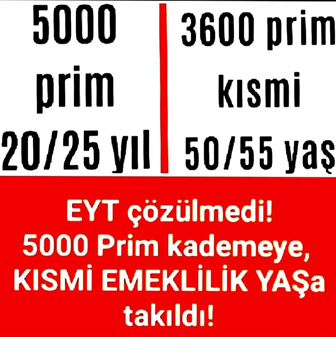 Kökten çözülmeyen EYT mağduriyetinin 25. yılında,

Yasanın aleyhte geriye işletilmesiyle yaratılan Adaletsizlik artık son bulmalı;

5000 Prim ve Kısmi Emeklilik hakkımız teslim edilmelidir.
@Akparti 
@isikhanvedat 

5000 Prim Kısmi
#EmekliAçlıkSınavında
#5000KısmininSabrıTaştı