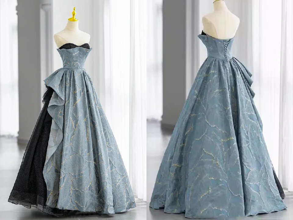 Elegant A Line Sweetheart Blue Black Tulle Prom Formal Party Dress