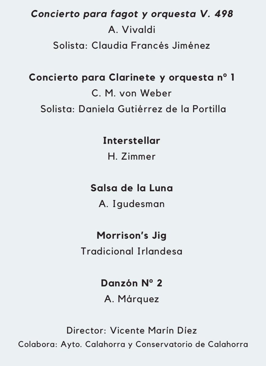 CONCIERTO FIN DE CURSO de la Orquesta sinfónica del Conservatorio de Calahorra 

🎻🎻🎻🎻🎻🎻🎻🎻🎻🎻

🥁16 de mayo
⏰19:30 horas 
🎻Teatro ideal de Calahorra
📯Entrada 4,5€