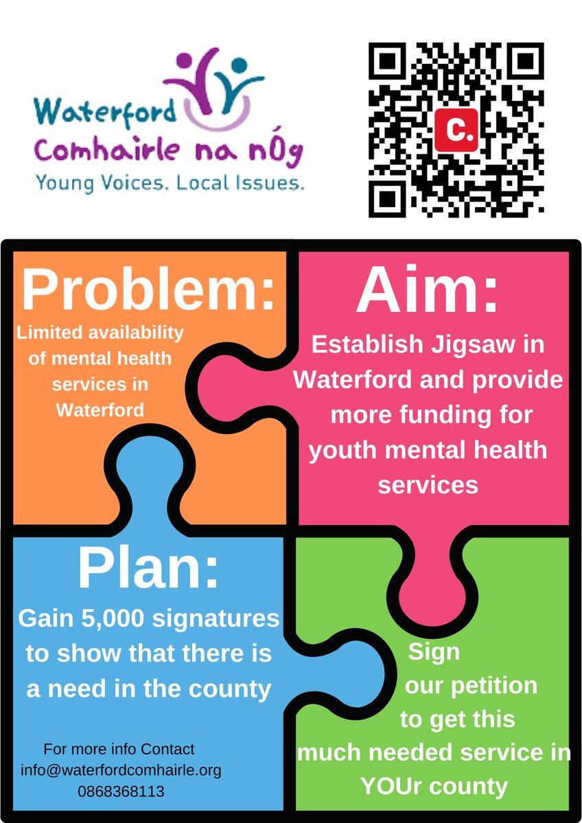Waterford Comhairle na nOg are campaigning to get Jigsaw, the National  Mental Health Service for 12-25, into Waterford. Please help them do this by signing their petition: chng.it/SjL89Y67kF via <a href="/Change/">Change.org</a> <a href="/waterfordyouth/">Waterford Comhairle na nÓg</a>