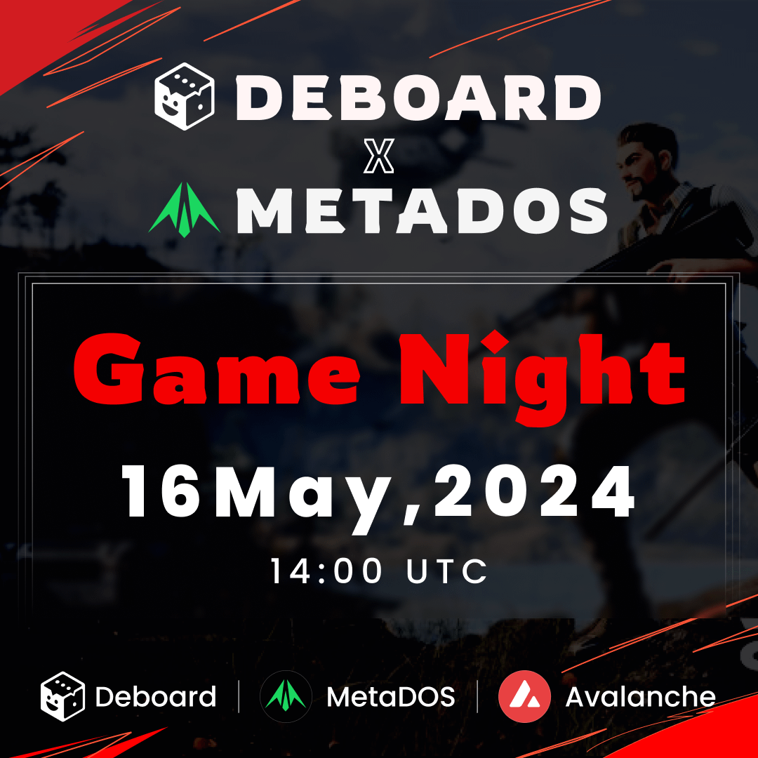 🚀 Join us for an exciting Game Night! 🎮

DeBoard and @MetaDOS are teaming up to bring you a thrilling evening full of gaming and exclusive insights

📅 Date: Thursday, 16th May 2024
⏰ Time: 14:00 UTC 🌍
Duration: ~90 minutes

🎁 Win fabulous prizes including 5 De-Keys, 10 OG