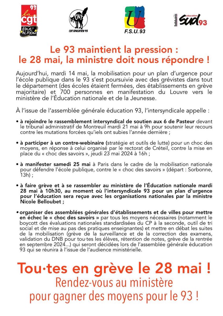 Dans le 93, la mobilisation continue pour l'école publique, pour un Plan d'urgence... Soutien à la grève du 28 mai !