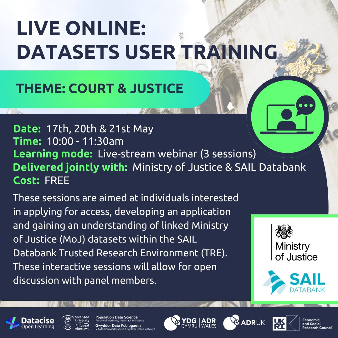 📢REGISTRATION CLOSING TODAY!

Datacise Live Online training: Explore Family Court, Magistrates, Crown Court, Probation & Custodial Data First datasets. Learn to access linked @MinistryOfJustice (MoJ) datasets within @SAILDatabank 🔗 JOIN NOW! dataciseopenlearning.org/courtjustice/