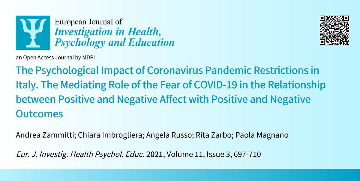 🥰Welcome to read👉#HighcitationPaper📰'The #PsychologicalImpact #CoronavirusPandemicRestrictions in #Italy #MediatingRole #FearofCOVID19 #RelationshipbetweenPositiveandNegativeAffect with #PositiveandNegativeOutcomes'📜by🧑‍🔬A. Zammitti et al.:📍mdpi.com/2254-9625/11/3…