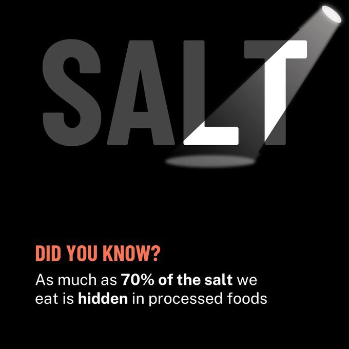 Almost all populations are consuming too much 🧂 sodium, more than double the @WHO recommendation for adults. 70% of the #salt you eat is hidden in processed 🥖🍟🍕food. who.int/news-room/fact…