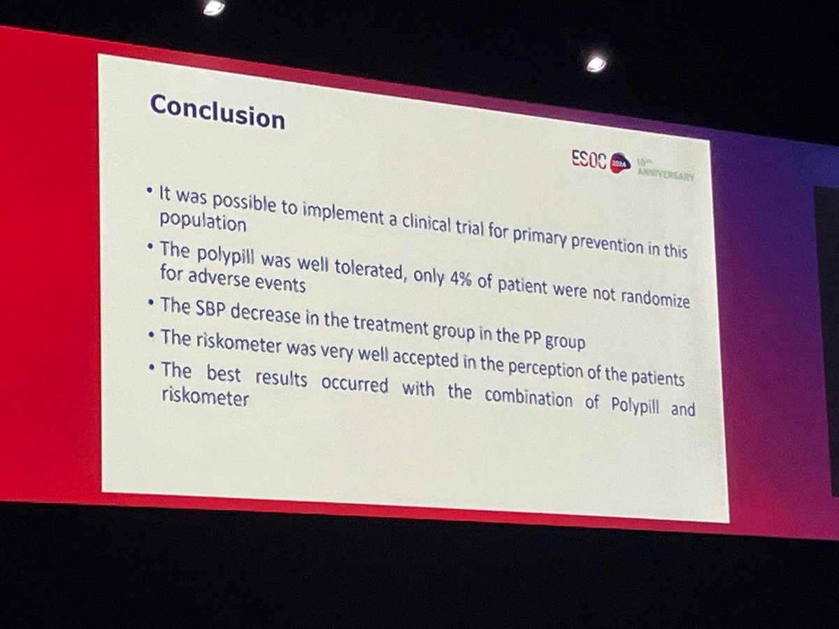#ESOC2024 large #RCT session kick-off with the #PROMOTE #trial 👇👏

The #trial reveals potential of a #polypill (consisting of antihypertensives & a statin) intervention in #stroke & cognitive impairment #prevention.

#voiceofstroke @ESOStroke