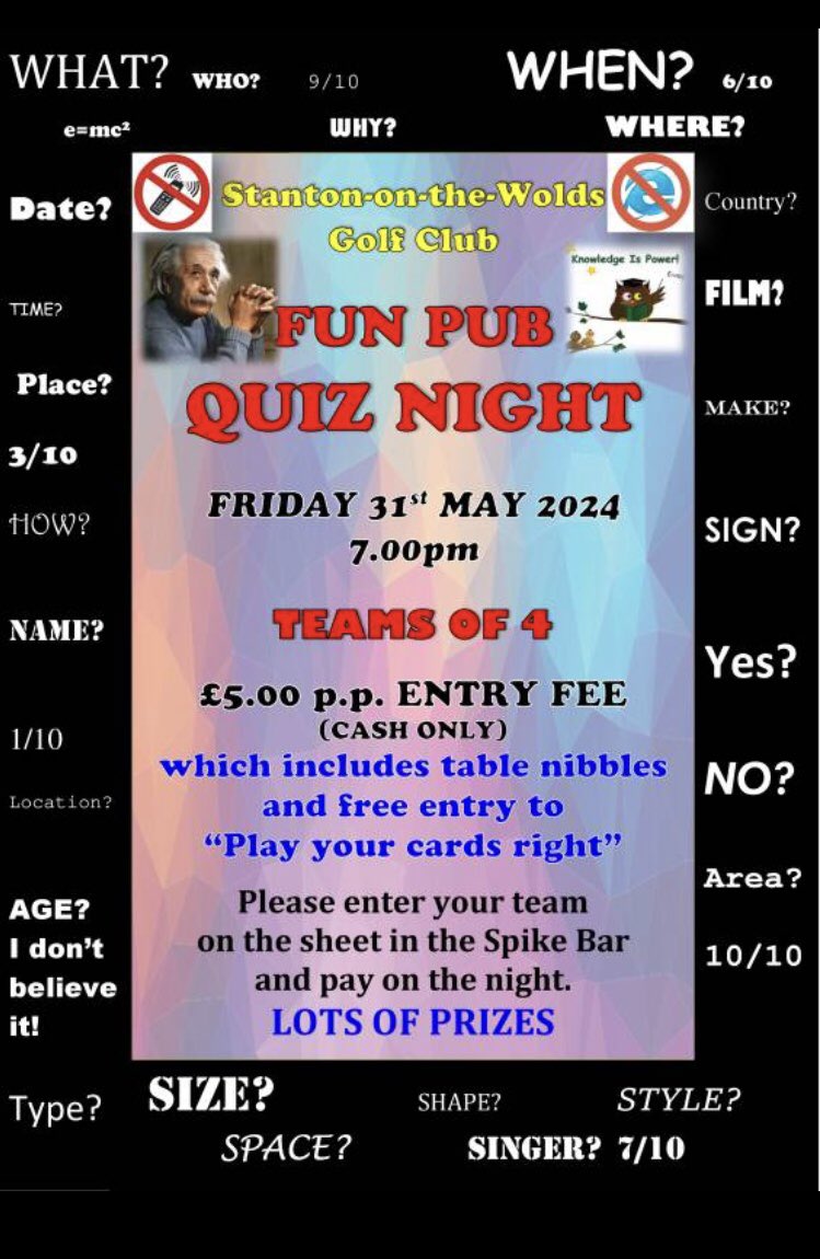 Fun Pub Quiz Night 🧐

Friday 31st May 2024 - 7pm 🗓️