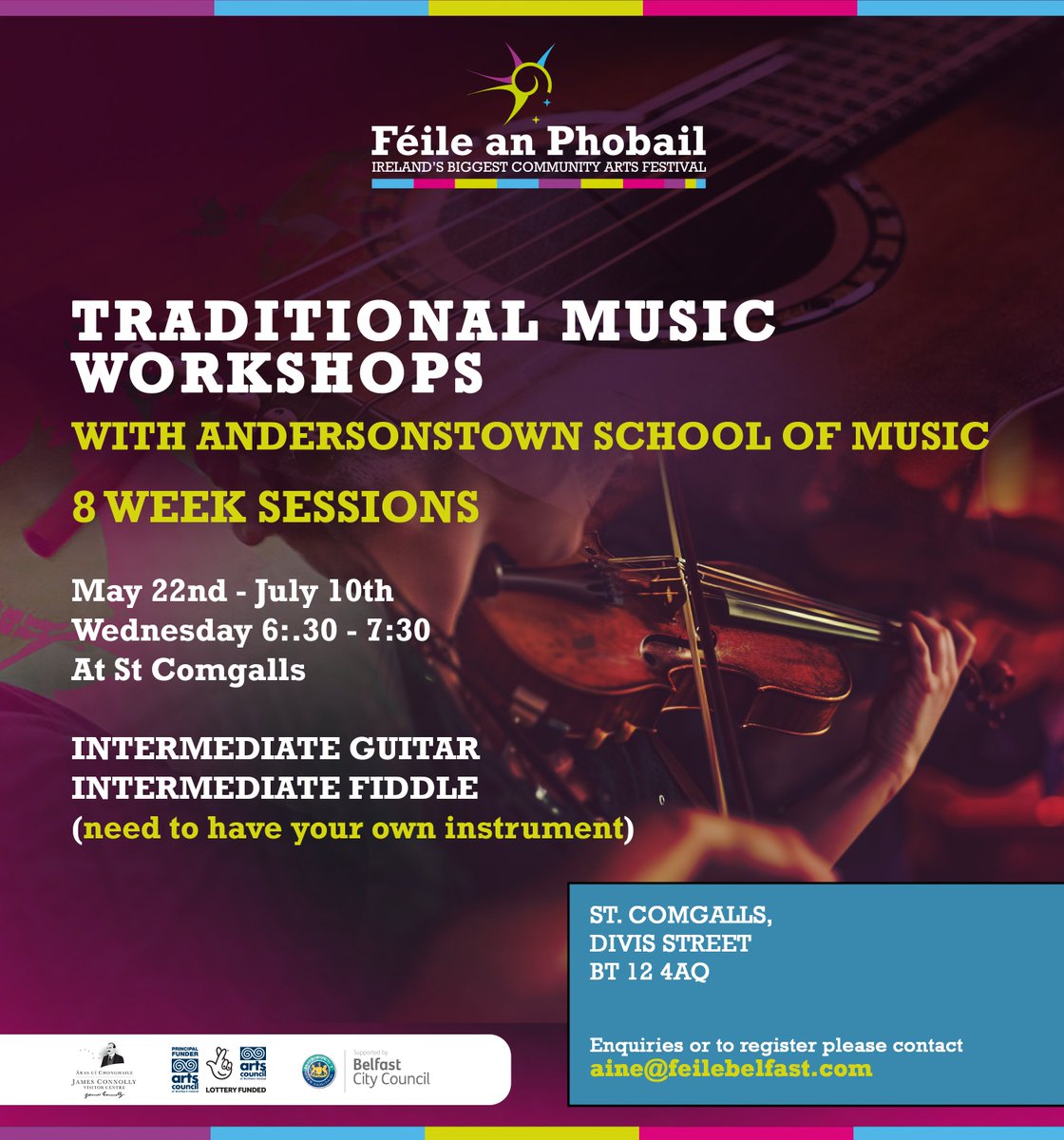 FREE Traditional Music Workshops 8 WEEK SESSIONS 📅May 22nd - July 10th 👉Wednesday 6:.30 - 7:30 📍At St Comgalls 🎸INTERMEDIATE GUITAR 🎻INTERMEDIATE FIDDLE (need to have your own instrument) Enquiries or to register please contact aine@feilebelfast.com