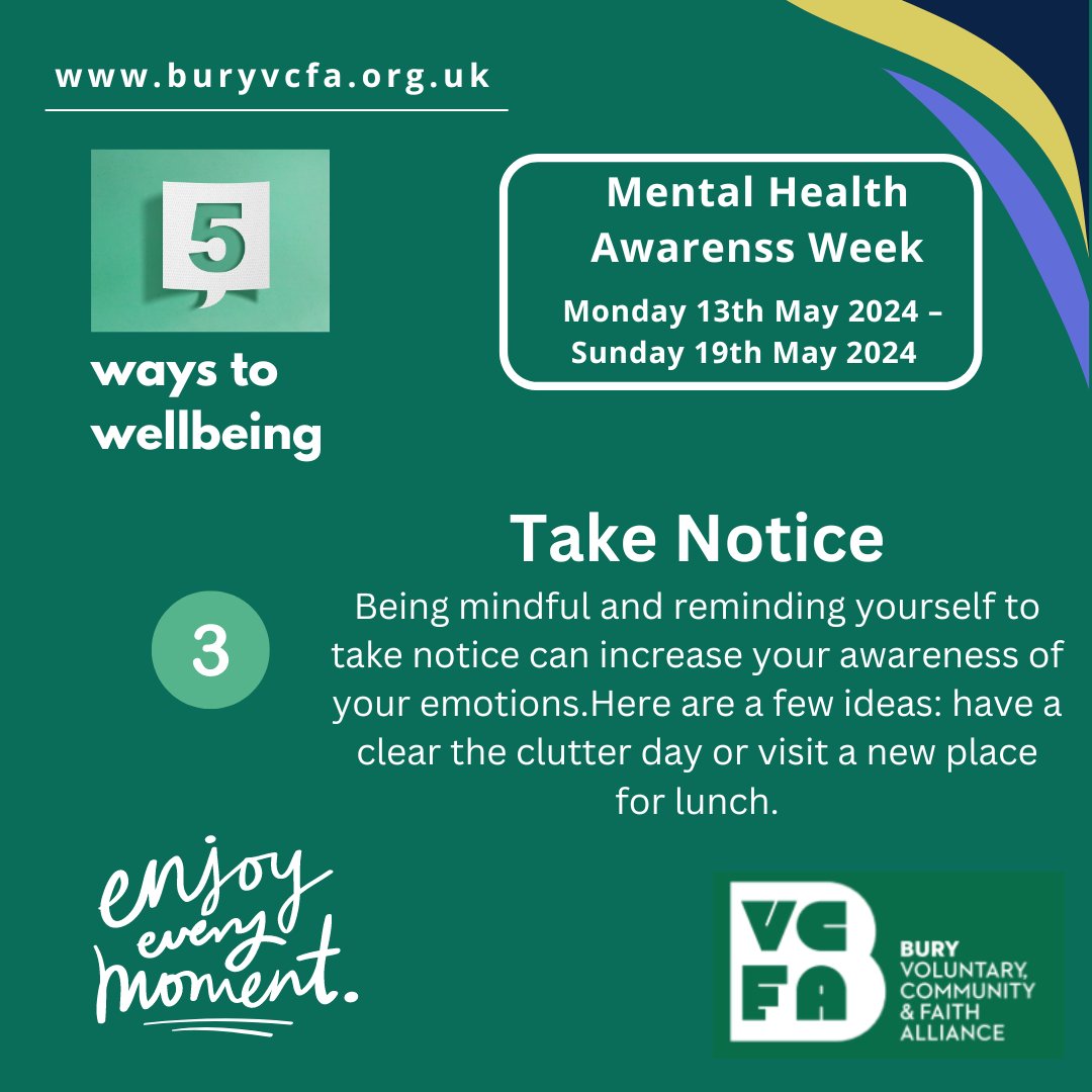 5 Ways to Wellbeing🧘‍♂️ 'Take Notice' - Cultivate mindfulness for better emotional awareness! Try decluttering or exploring a new lunch spot to heighten your senses and appreciate the present moment. #MentalHealthAwarenessWeek