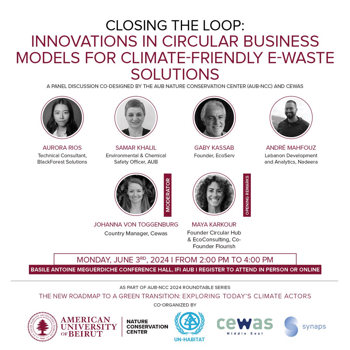 Join us and @CewasGlobal for the second roundtable of AUB-NCC’s 2024 series “The New Roadmap to a #GreenTransition: Exploring Today’s #Climate Actors”. 🗓️ Monday, June 3rd ⏰2:00pm 📍@ifi_aub conference hall 🔗 forms.office.com/r/L9mWeWEWEx