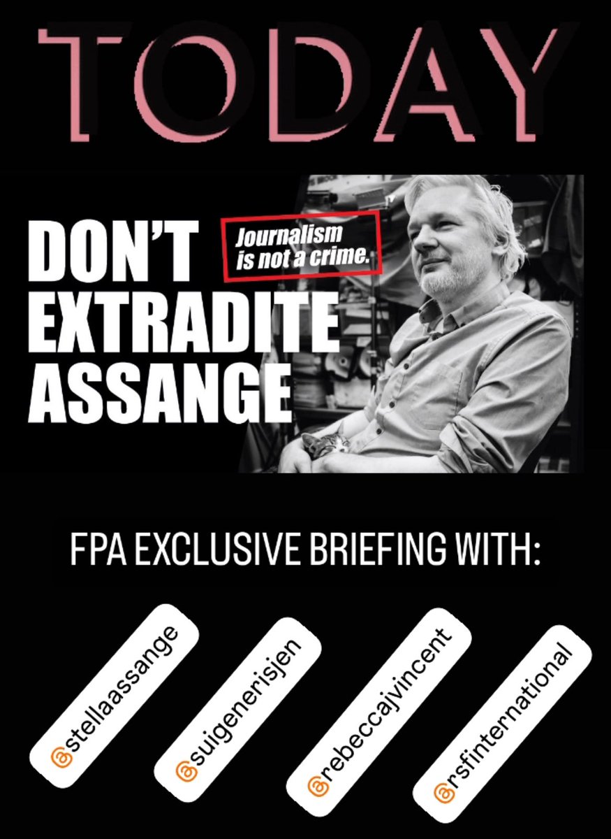 Today’s confirmed speakers at our #FPA exclusive briefing on the crucial court hearing #JulianAssange v #USGovernment scheduled on 20/05: @Stella_Assange @khrafnsson @rebecca_vincent @suigenerisjen