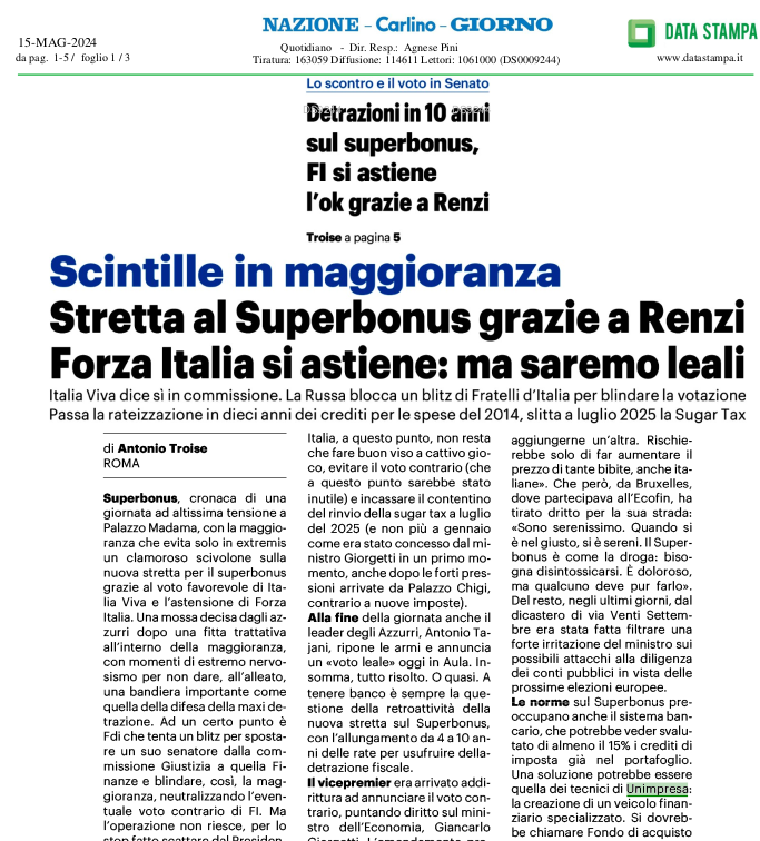 ✒️ #unimpresa su #lanazione, #ilrestodelcarlino, #ilgiorno – Scintille in maggioranza. Stretta al Superbonus grazie a Renzi. Forza Italia si astiene: ma saremo leali. 👉 unimpresa.it/la-nazione-il-… #️⃣ #maggioranza #governo #superbonus #Renzi #forzaitalia