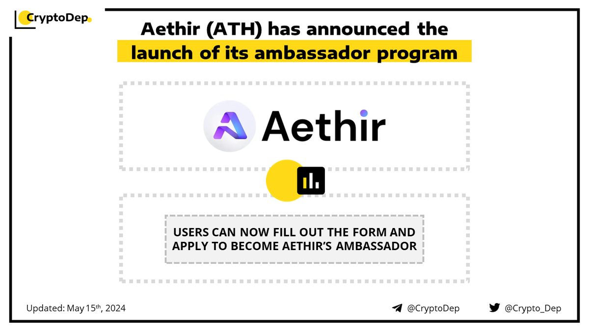 ⚡️ @AethirCloud $ATH has announced the launch of its ambassador program Aethir kicks off its ambassador program to onboard more users dedicated to the success of its #DePIN vision to empower AI. Users can now fill out the form and apply to become Aethir’s ambassador. Chosen