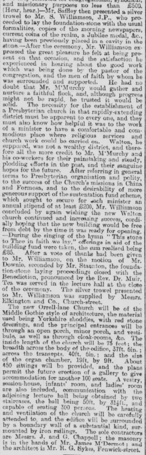 The foundation stone of Trinity Presbyterian Church Walton, Rice Lane corner of Orrell Lane, was laid on 15th May 1897