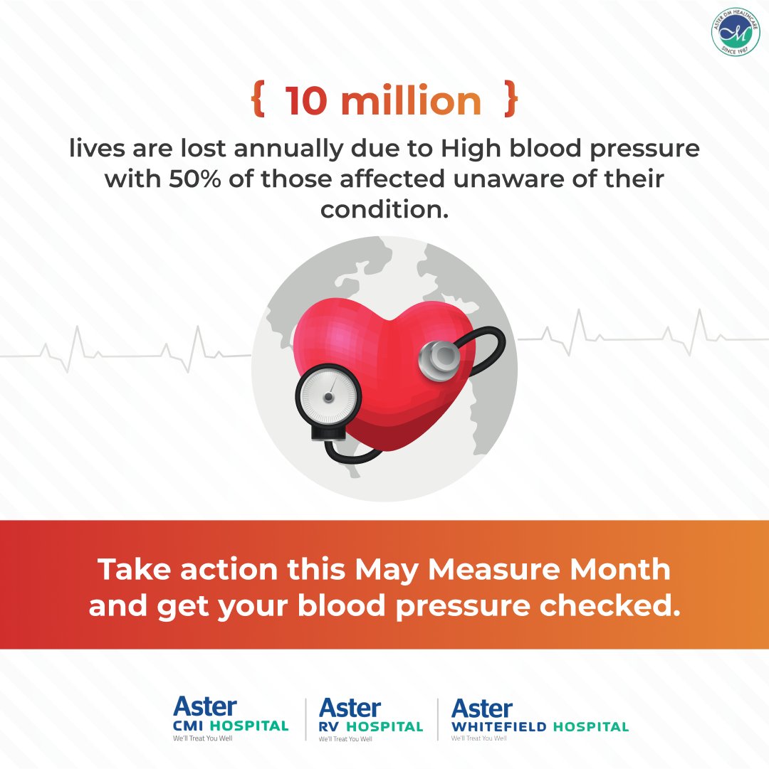 Measure your health this May to prevent silent risks. 10 million lives are lost annually due to high blood pressure. Don't be unaware; be proactive and get your check-up.

#MayMeasureMonth #BloodPressureAwareness #HealthCheck #PreventionMatters #AsterBangalore #AsterHospitals