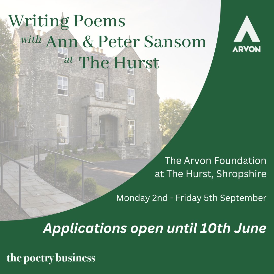 Our wonderful co-directors Ann and Peter Sansom will be leading a 5-day poetry course at The Hurst in September. Applications welcome from poets at stages of their writing life. More details on our website: poetrybusiness.co.uk/2024/05/14/wri…