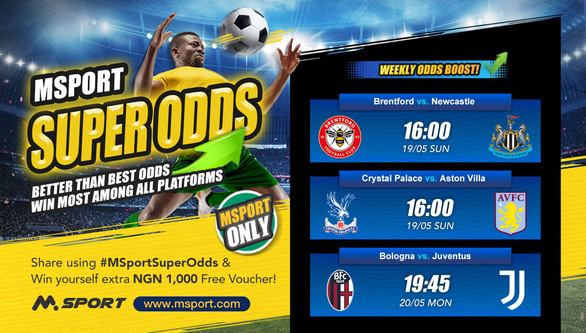Here are the 𝗧𝗼𝗽 𝟯 matches currently boosted to Super Odds Matches across all platforms!🥰🔋
Stand a chance to win a ₦𝟭𝟬𝟬𝟬 𝘃𝗼𝘂𝗰𝗵𝗲𝗿 by sharing your thoughts using #𝗠𝗦𝗽𝗼𝗿𝘁𝗦𝘂𝗽𝗲𝗿𝗢𝗱𝗱𝘀 & 𝟭𝟬 𝗹𝘂𝗰𝗸𝘆 𝘄𝗶𝗻𝗻𝗲𝗿𝘀 will be selected randomly.
Don’t miss…