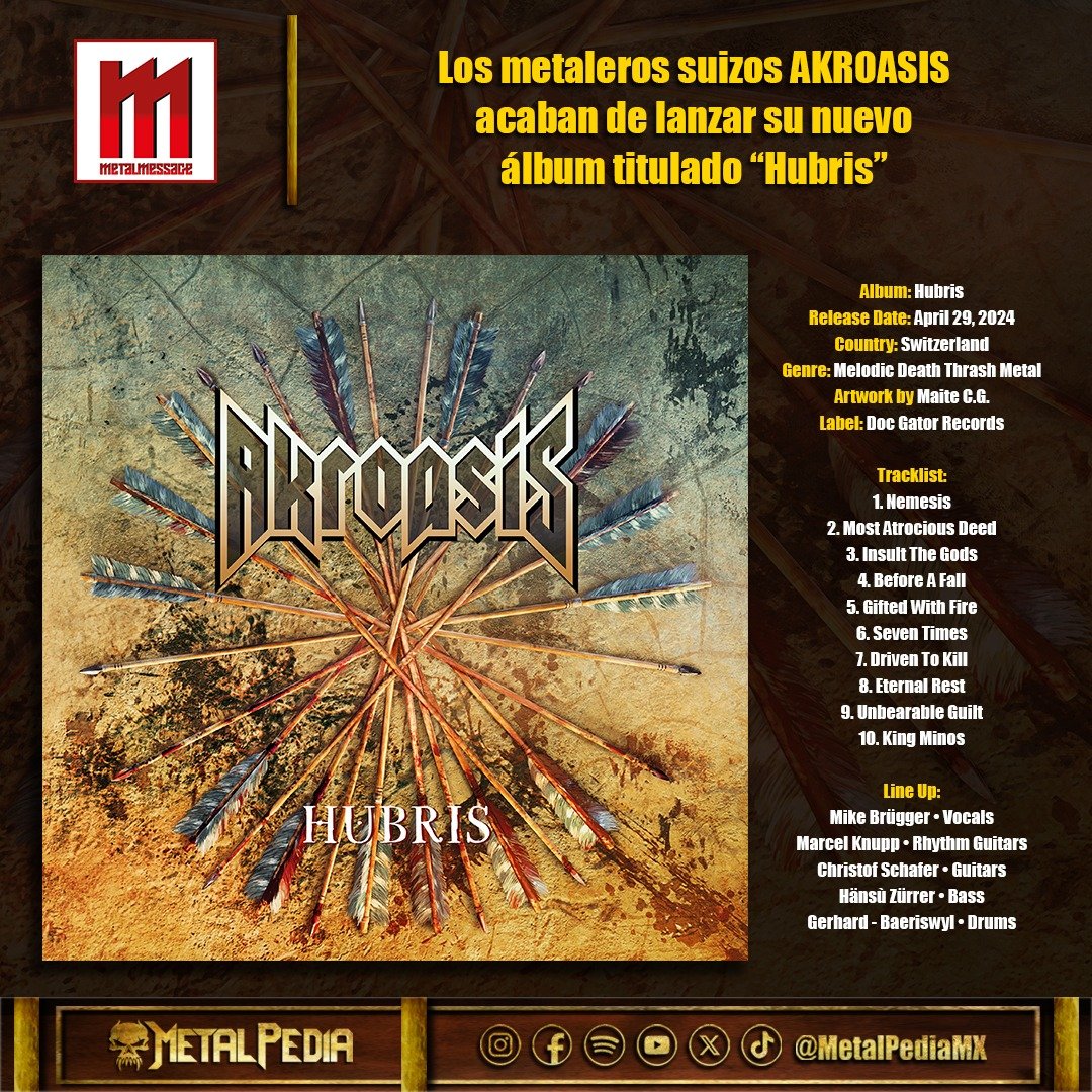 metalmessage's tweet image. 🏹 𝐀𝐊𝐑𝐎𝐀𝐒𝐈𝐒 • 🇨🇭 • Melodic Death Thrash Metal • 𝕰𝖘𝖙. 2016 • @akroasis_ch  • #akroasis

🎶 FFO: Darkane, Dimension Zero, Amon Amarth
 
🆕 Full-length album "Hubris"
🗓️ April 26, 2024
@docgatorrecords 
thx @MetalPediaMX 
Beware the wrath of the gods!💥
#metalmessage