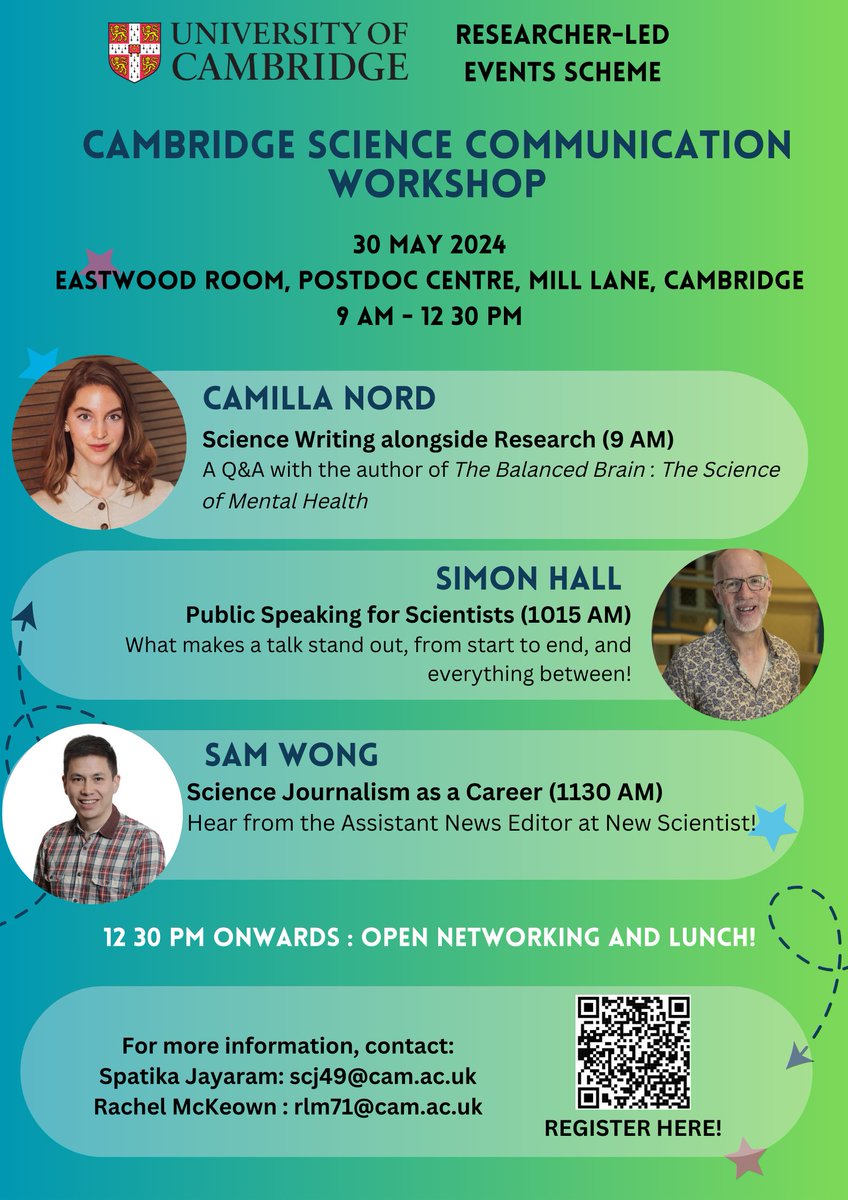 The Cambridge Science Communication Workshop will cover different aspects of science writing, speaking and engagement for researchers and students. 
30th of May from 9 AM - 12:30 PM, with an open networking session at the end. 
REGISTER HERE : forms.gle/e1F7keGNeevbmX…