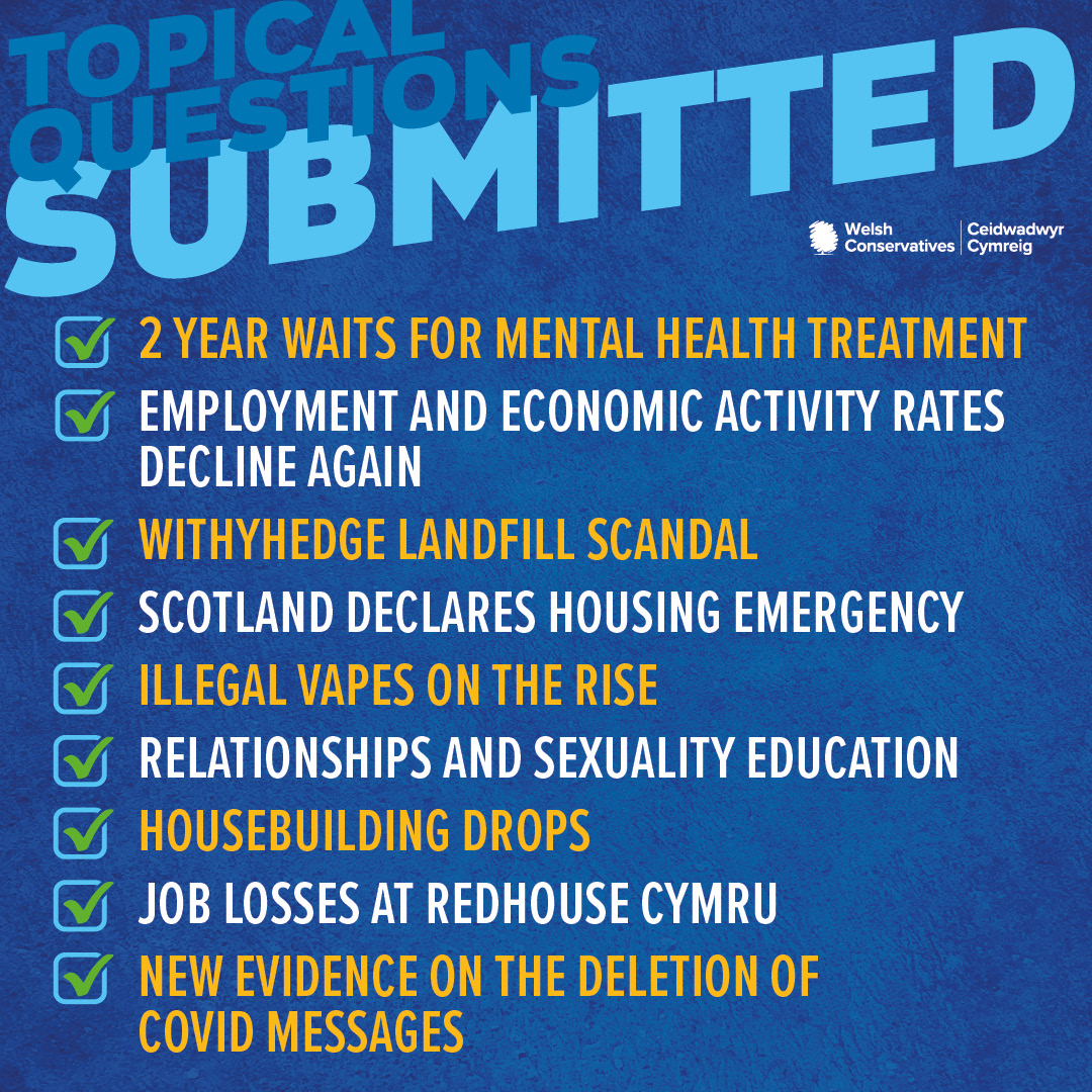 🚨 In the Senedd today, we've submitted 9 important issues for the Labour Govt to answer. 💪 Along with our debate calling on the Labour Govt to take action over the closure of GP practices, we'll continue to hold the Labour Govt to account and focus on the people's priorities.