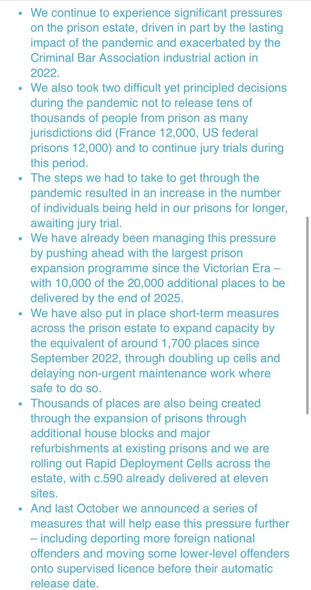 Prisons full because for 18 months criminal barristers have done what is required prosecuting and defending,
getting trials done.
That’s why sentenced population is up 5,000 to over 71,000
But Remand up 2,000 to 16,500 from worsening trial and sentencing delays due to