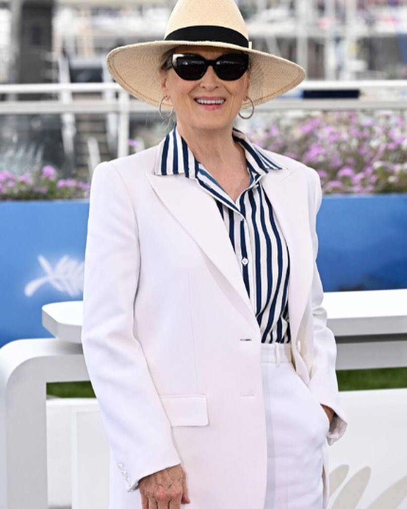 Hollywood’s Peerless Star Meryl Streep dazzles in our Amalfi Stripe Silk Shirt at the 77th Annual Cannes Film Festival, embodying chic French Riviera glamour! Style by: @micaela #lilysilk #Livespectacularly #MerylStreep #CannesFilmFestival