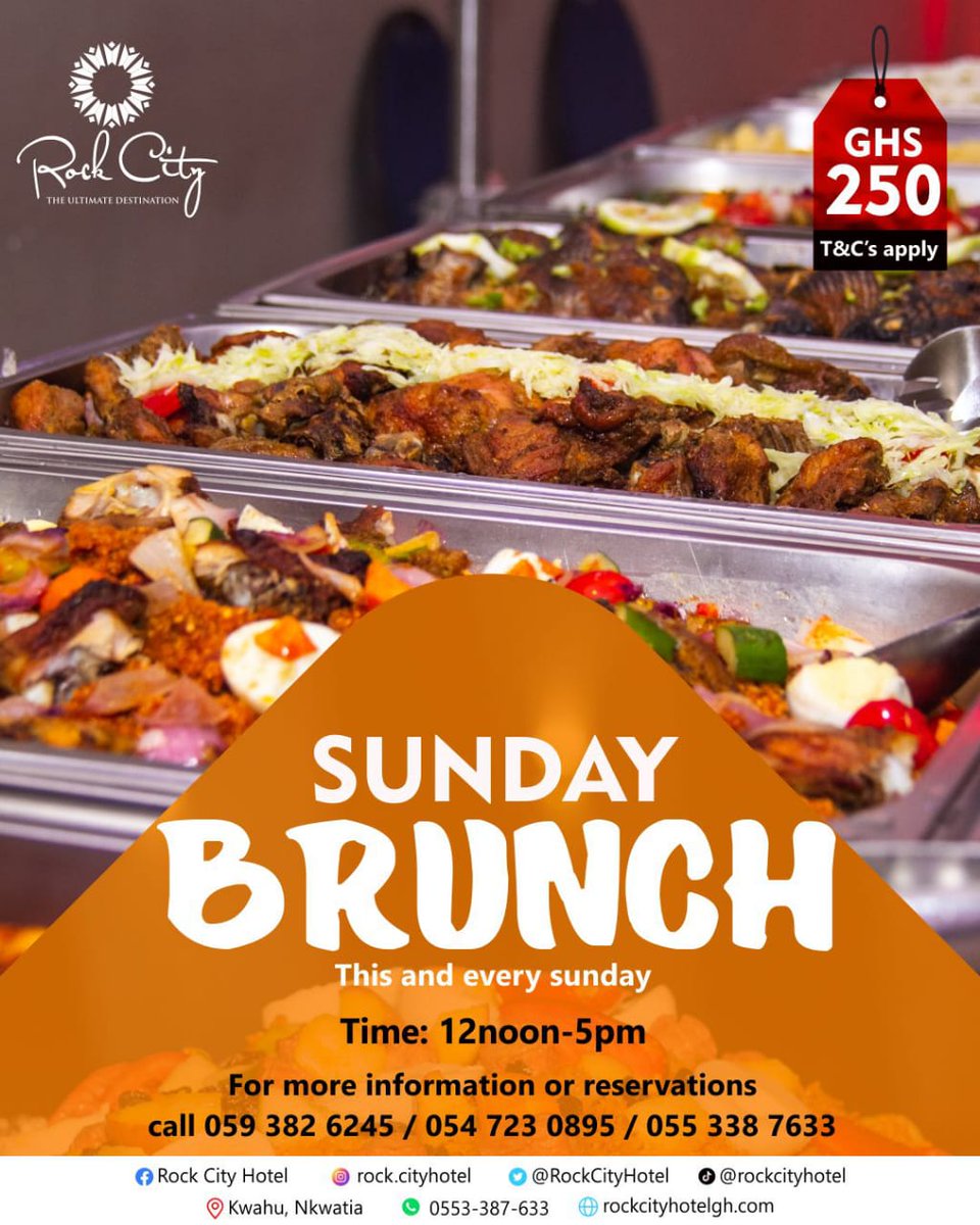 Brunch time is the best time. Give yourself and your loved ones a delicious treat this and every Sunday at RockCityHotel.

Rate: Ghs250

For reservations: reservations@rockcityhotelgh.com/ 055-3387633/ 059-3826245/ 050-0636205 

#RockCityHotel
#brunchtime 
#brunchgoals