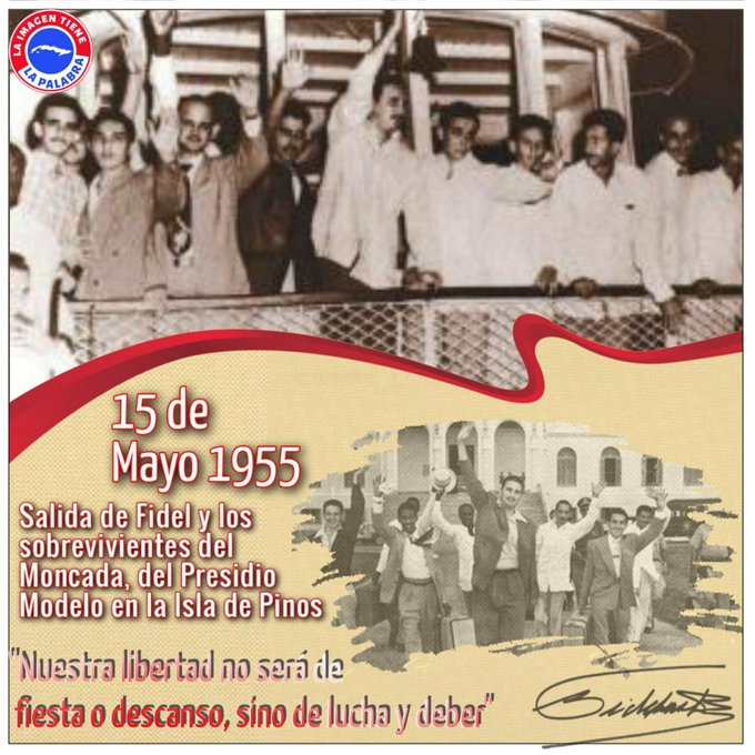 "Nuestra libertad no será de fiesta o descanso, sino de lucha y deber", sostuvo #FidelPorSiempre luego de salir del Presidio Modelo el #15DeMayo de 1955. Esas ansias de libertad condujeron al triunfo definitivo el 1ro de enero de 1959.

#CubaViveEnSuHistoria <a href="/MirtaGranda/">Mirta Granda Averhoff</a>