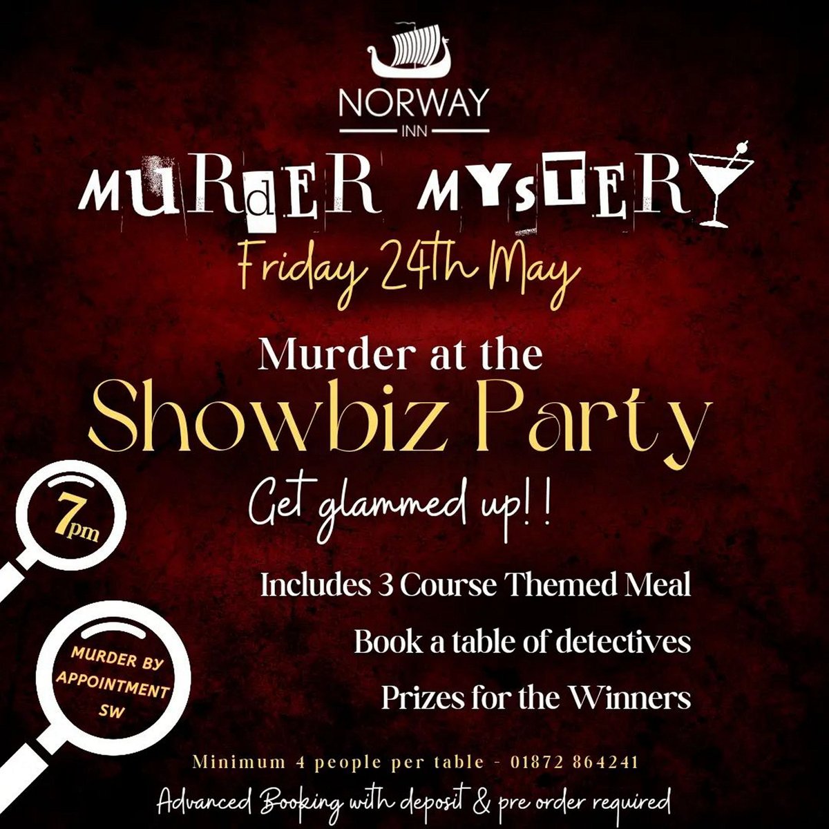 ✨️ Murder at the Showbiz Party ✨️
👉 Have you got your tickets yet? ❓
We are excited to be holding a Murder Mystery evening hosted by @therealmurderbyappointmentsw
Get your glam on and join us for a great evening of food and entertainment
#norwayinn #murdermystery #showbiz