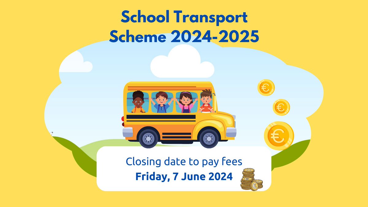 Did you apply for the School Transport Scheme? 🚍 You must pay your fees by 7 June 2024. 💸 The fees for the 2024-2025 school year are: 🧒 €50 for a primary school child 🚶🏻‍♂️ €75 for a secondary school child For more, see 👉 bit.ly/SchoolTranspor… @Buseireann @Education_Ire