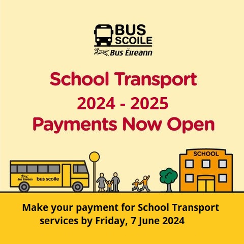 The Bus Éireann School Transport Family Portal is now accepting Payments for the 2024/25 School Year. The closing date for School Transport payments is 7 June 2024. To pay for your child's School Transport bus ticket, visit buseireann.ie/SchoolTransport @Education_Ire
