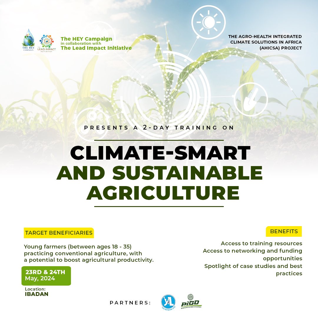 Putting out this call as one of the Project Leads for the Agro-Health Climate Solutions in Africa. Young farmers with potentials to contribute to agricultural productivity in spite the climate crisis can apply: bit.ly/AHICSA #climateadaptation #csa #foodsecurity