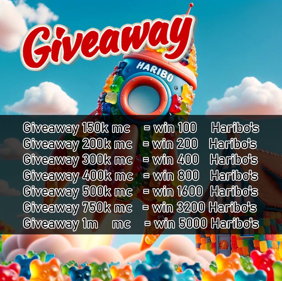 Lets start with #Giveaway number one! 
We got now 150k mc. #win 100 Haribo's!

What do you need to do?

1⃣ Like & Retweet ! 👍
2⃣ Follow!
3⃣ Comment: $Haribo + SOL adress!

Goodluck everyone! 🌻

#Memecoinseason
#SolanaMemeCoins
#crypto 
#solana 
#altcoinseason 
#memecoin