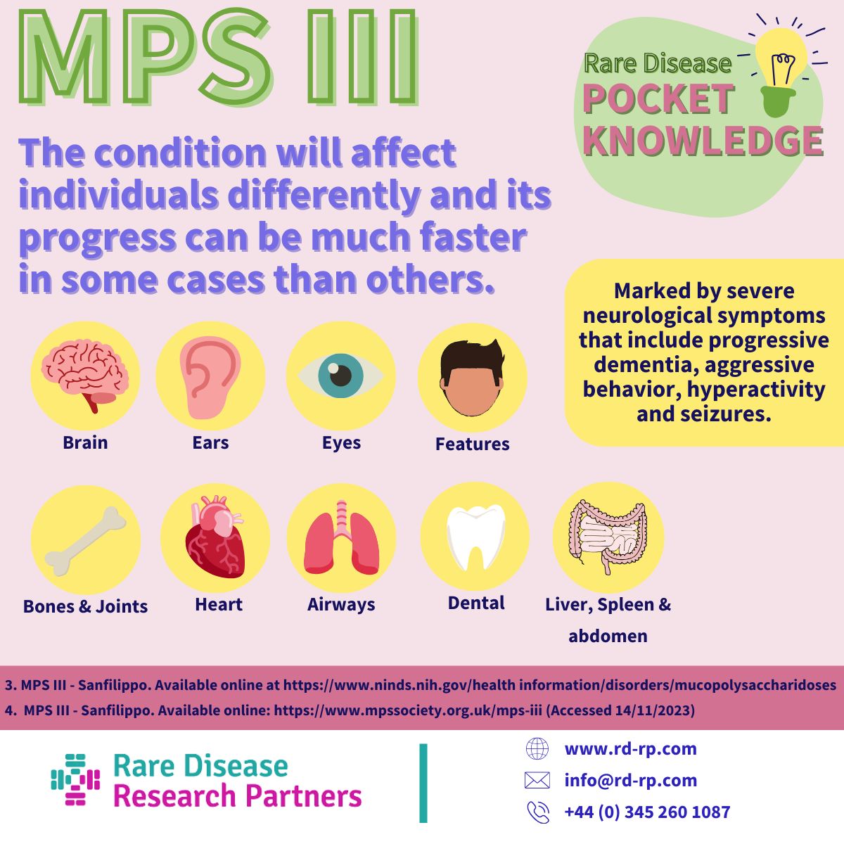 Our aim with the pocket knowledge series is to increase awareness surrounding rare diseases. In this particular installment, we focus on MPS III (Sanfilippo), a rare autosomal recessive condition. #MPSAwarenessWeek #rarediseases #research