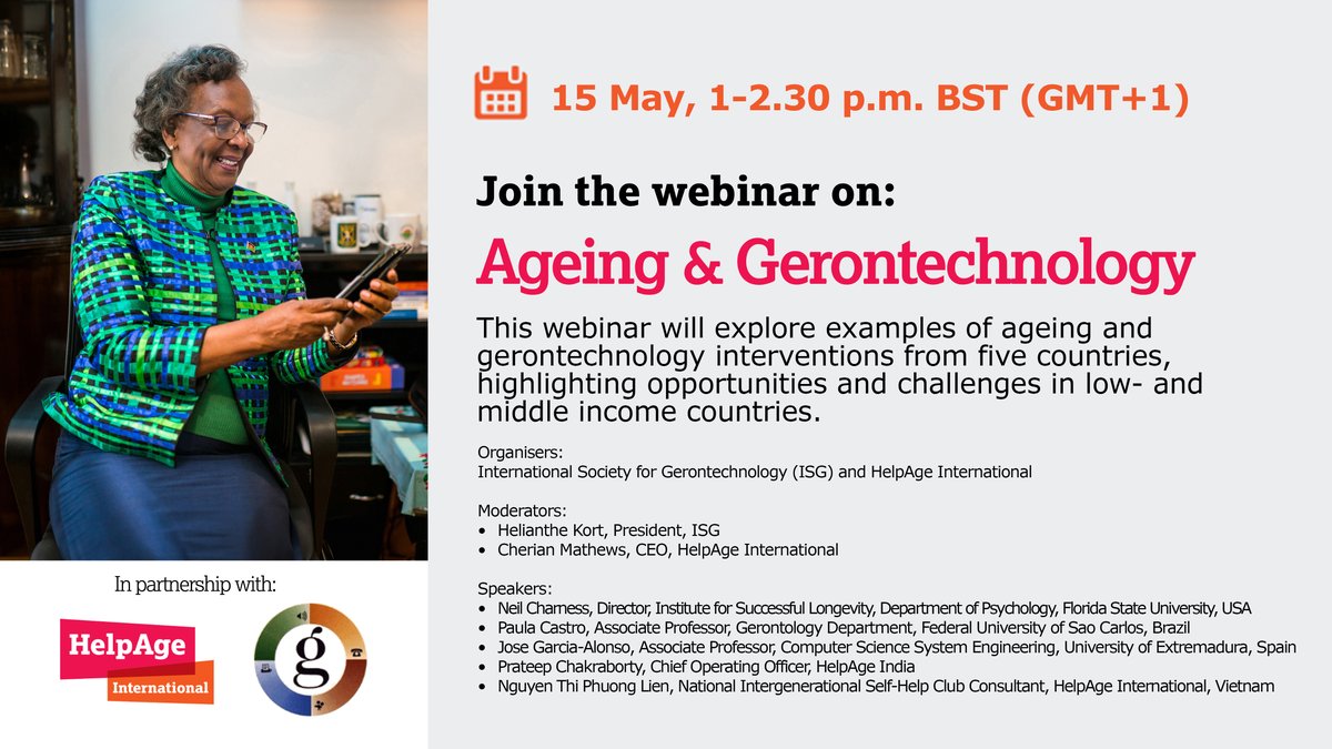 TODAY! Join us for a webinar exploring examples of #ageing and gerontechnology from five countries. 📅 15 May, 1-2.30 p.m. BST 👉 Register: ow.ly/iAnK50Rroi3 @GerontechISG