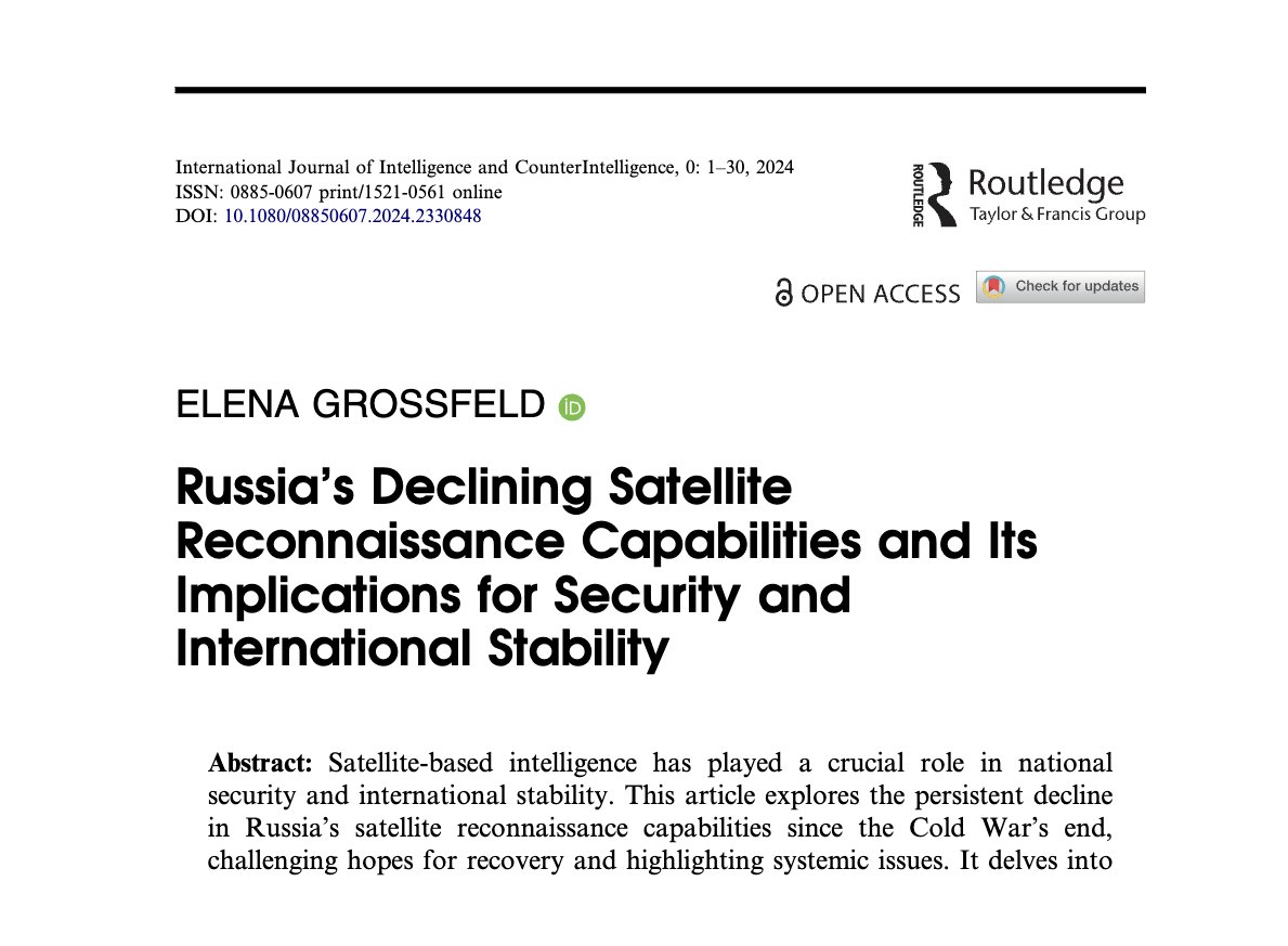 🇷🇺 What are the implications of Russia’s declining satellite reconnaissance capabilities? In this research article, @kloosha explores the persistent decline of Russia’s satellite reconnaissance capabilities since the Cold War’s end. Read it ⬇️ tandfonline.com/doi/full/10.10…