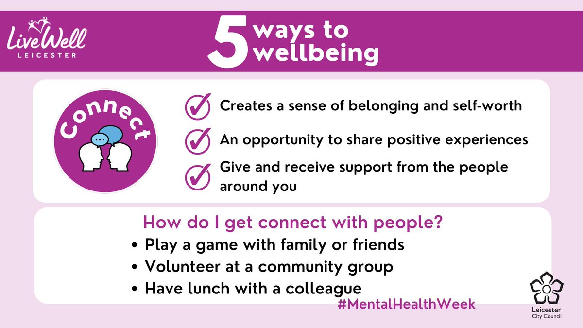 Connecting with others can help you feel close to other people. There are lots of things that you can do – join a new group, have lunch with a friend or even car share. For more on the 5 ways to wellbeing and other ways to support #MentalHealth 👇 ow.ly/6azj50RC2cE