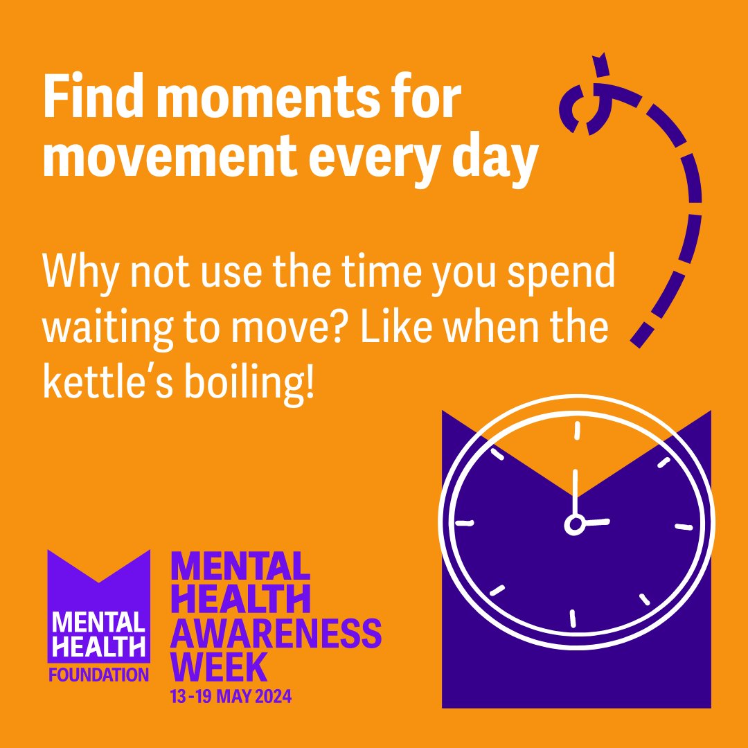 Moving our bodies is important for our mental health. If you are able to, try and squeeze some more movement into your day! #MentalHealthAwarenessWeek