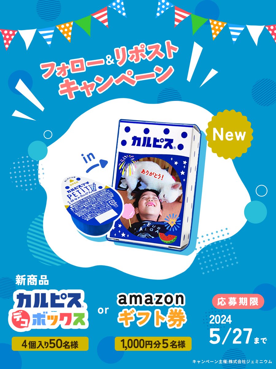 decotojp's tweet photo. Decotoから新商品発売！
✨カルピスデコボックス✨

発売を記念してカルピスデコボックス4個を50名様
Amazonギフト券1,000円分を5名様に抽選でプレゼント🎁

▼応募方法▼
①当アカウントをフォロー
②この投稿をRP
#カルピスデコボックス を付けて引用RPをすると当選確率UP！

キャンペーン概要は⬇️ https://t.co/hmisoNE4Y4