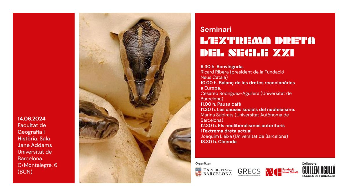 🗣️ L’auge de l'Extrema dreta a Europa i arreu del món ens obliga a plantar-li cara. El 14 de juny ens veiem a la Facultat de Geografia i Història de la UB per parlar-ne amb Cesáreo Rodríguez-Aguilera, @marina68marina i Joaquim Lleixà. 🤓 Us hi esperem!
